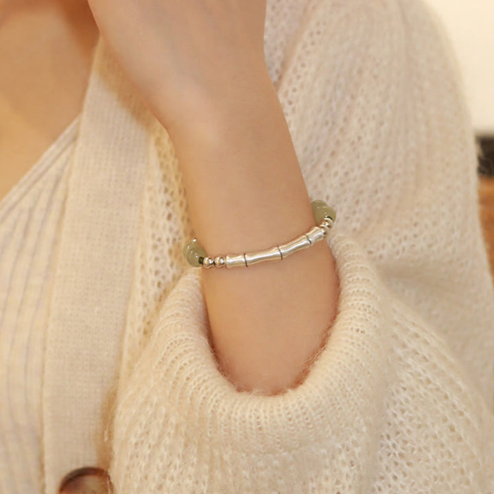 Bracelet en argent sterling 925 Buddha Stones et jade naturel Fu en bambou