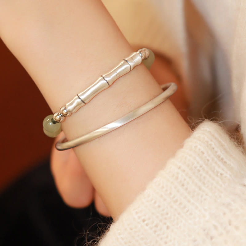 Bracelet en argent sterling 925 Buddha Stones et jade naturel Fu en bambou
