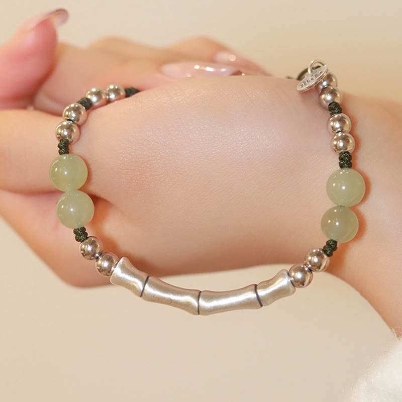 Bracelet en argent sterling 925 Buddha Stones et jade naturel Fu en bambou