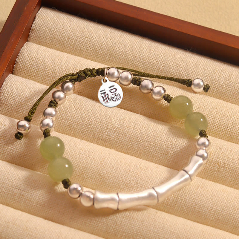 Bracelet en argent sterling 925 Buddha Stones et jade naturel Fu en bambou - Jade (Tour de poignet 14-19 cm) - image 0