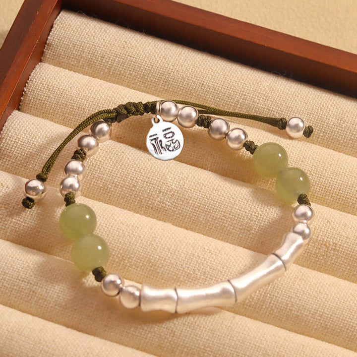 Bracelet en argent sterling 925 Buddha Stones et jade naturel Fu en bambou - Jade (Tour de poignet 14-19 cm) - image 0