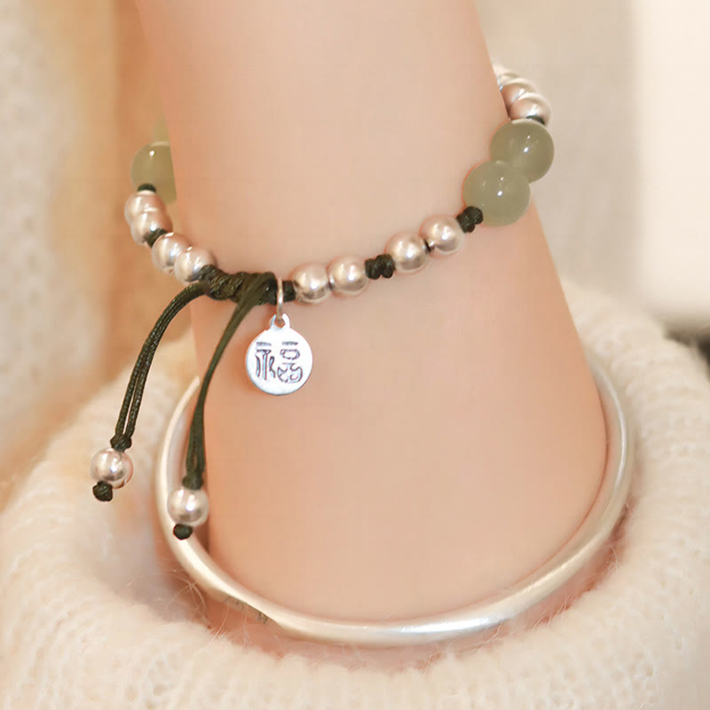 Bracelet en argent sterling 925 Buddha Stones et jade naturel Fu en bambou
