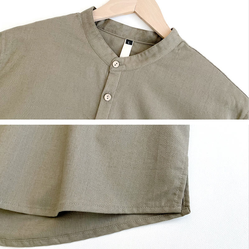 Chemise boutonnée à manches courtes en lin pour homme avec Buddha Stones de couleur unie - image 5