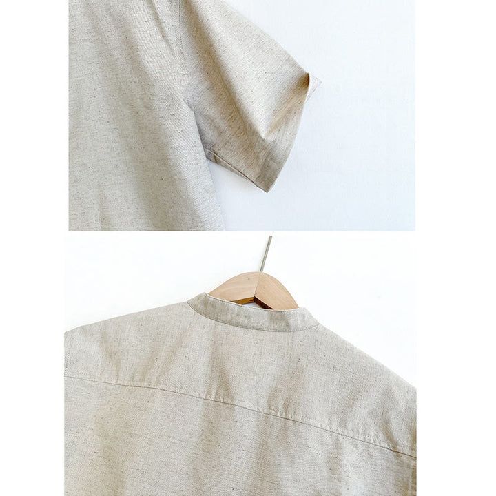 Chemise boutonnée à manches courtes en lin pour homme avec Buddha Stones de couleur unie