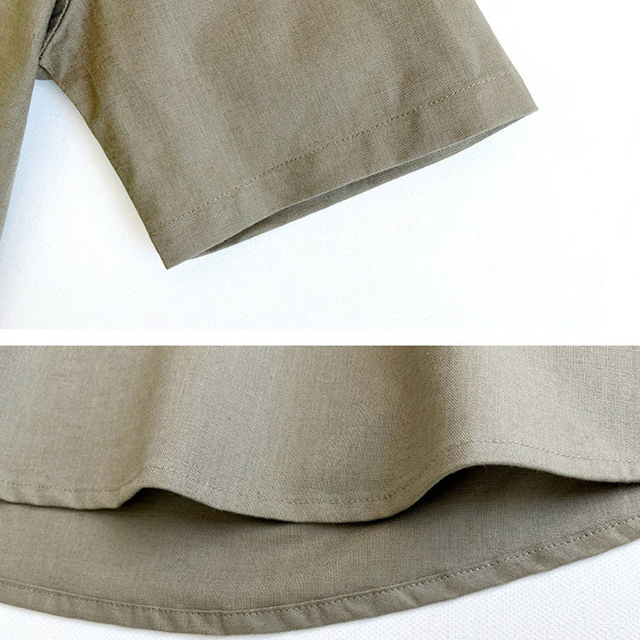 Chemise boutonnée à manches courtes en lin pour homme avec Buddha Stones de couleur unie