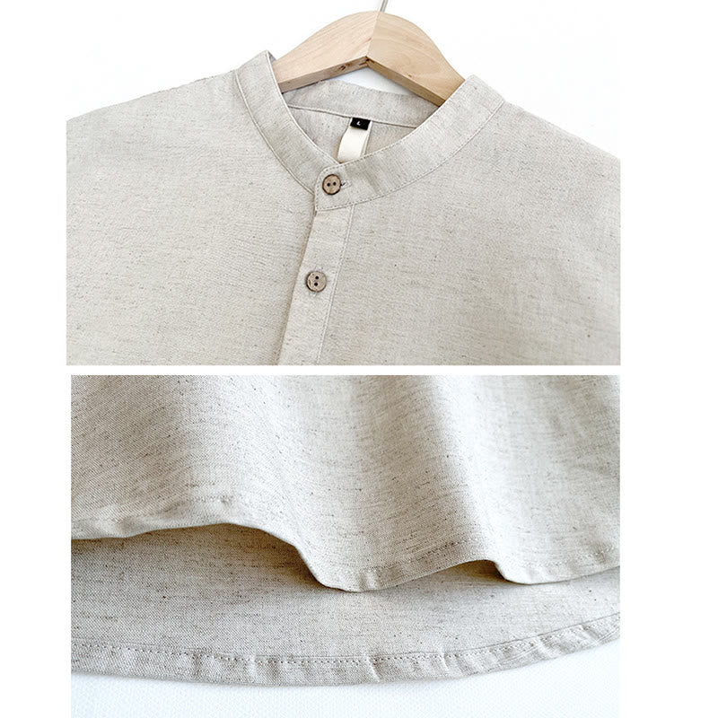 Chemise boutonnée à manches courtes en lin pour homme avec Buddha Stones de couleur unie