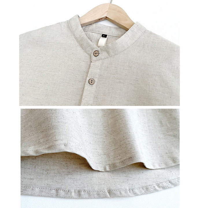 Chemise boutonnée à manches courtes en lin pour homme avec Buddha Stones de couleur unie