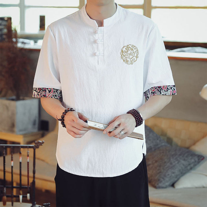Chemise à manches courtes en lin pour homme, costume chinois Tang brodé avec boutons de grenouille et Buddha Stones - Blanc - US/UK/AU46，EU56 (5XL)  - image 18
