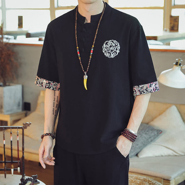 Chemise à manches courtes en lin pour homme, costume chinois Tang brodé avec boutons de grenouille et Buddha Stones - Noir - US/UK/AU46，EU56 (5XL)  - image 25