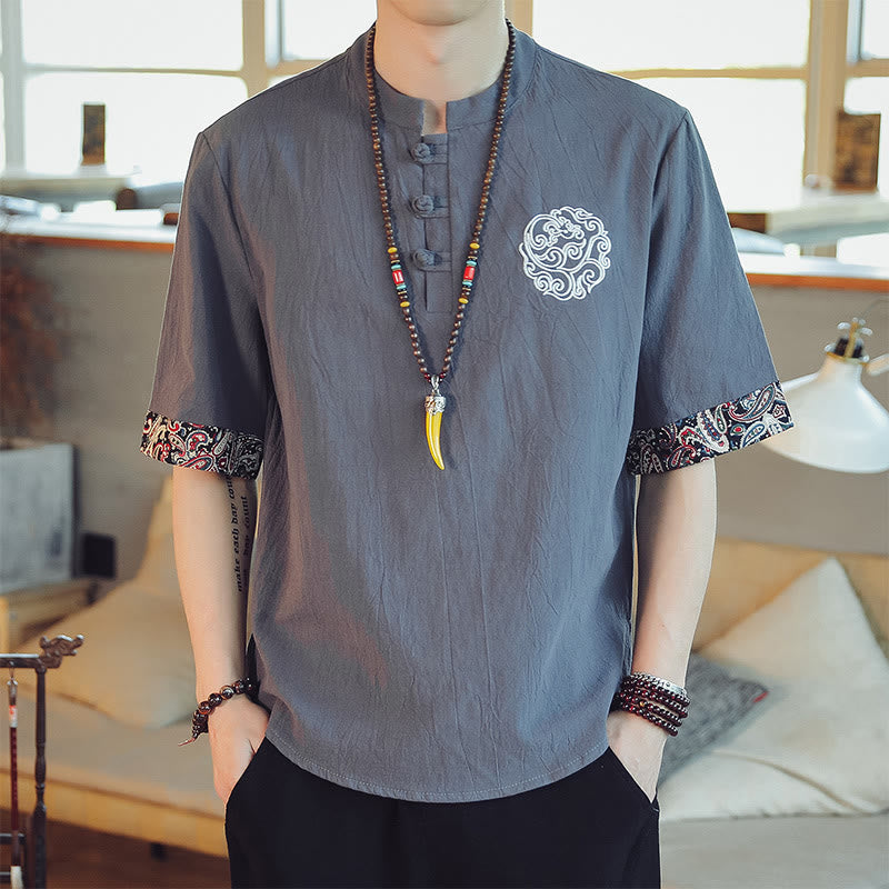Chemise à manches courtes en lin pour homme, costume chinois Tang brodé avec boutons de grenouille et Buddha Stones - Gris - US/UK/AU46，EU56 (5XL)  - image 0