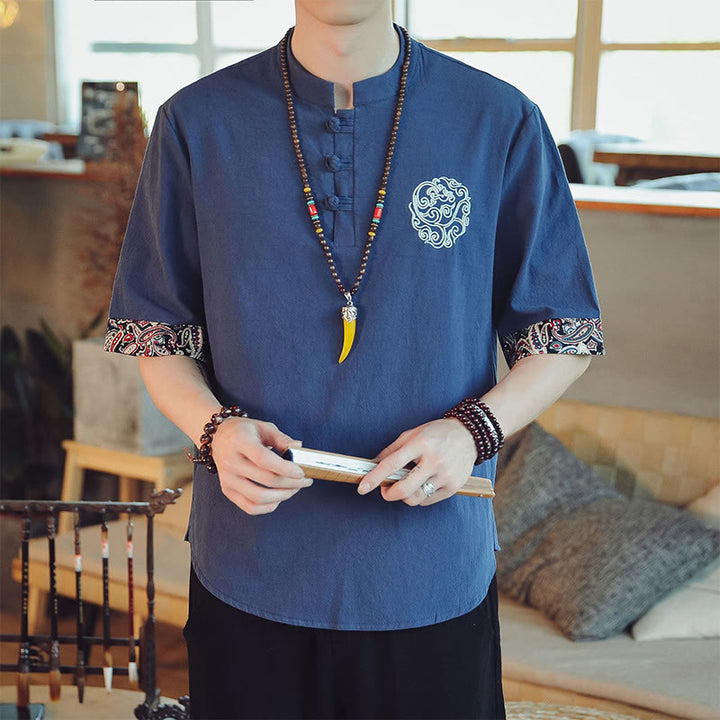 Chemise à manches courtes en lin pour homme, costume chinois Tang brodé avec boutons de grenouille et Buddha Stones - Bleu acier - US/UK/AU46，EU56 (5XL)  - image 33