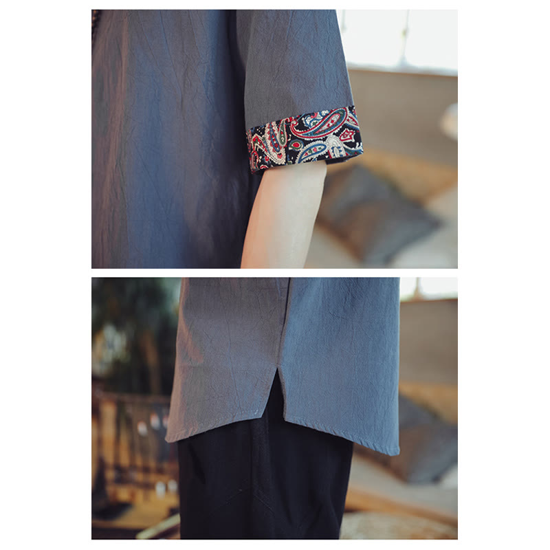 Chemise à manches courtes en lin pour homme, costume chinois Tang brodé avec boutons de grenouille et Buddha Stones - image 10