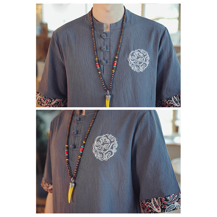 Chemise à manches courtes en lin pour homme, costume chinois Tang brodé avec boutons de grenouille et Buddha Stones - image 9