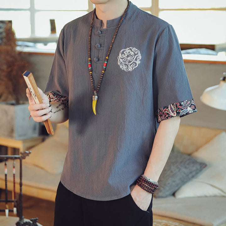 Chemise à manches courtes en lin pour homme, costume chinois Tang brodé avec boutons de grenouille et Buddha Stones - image 6