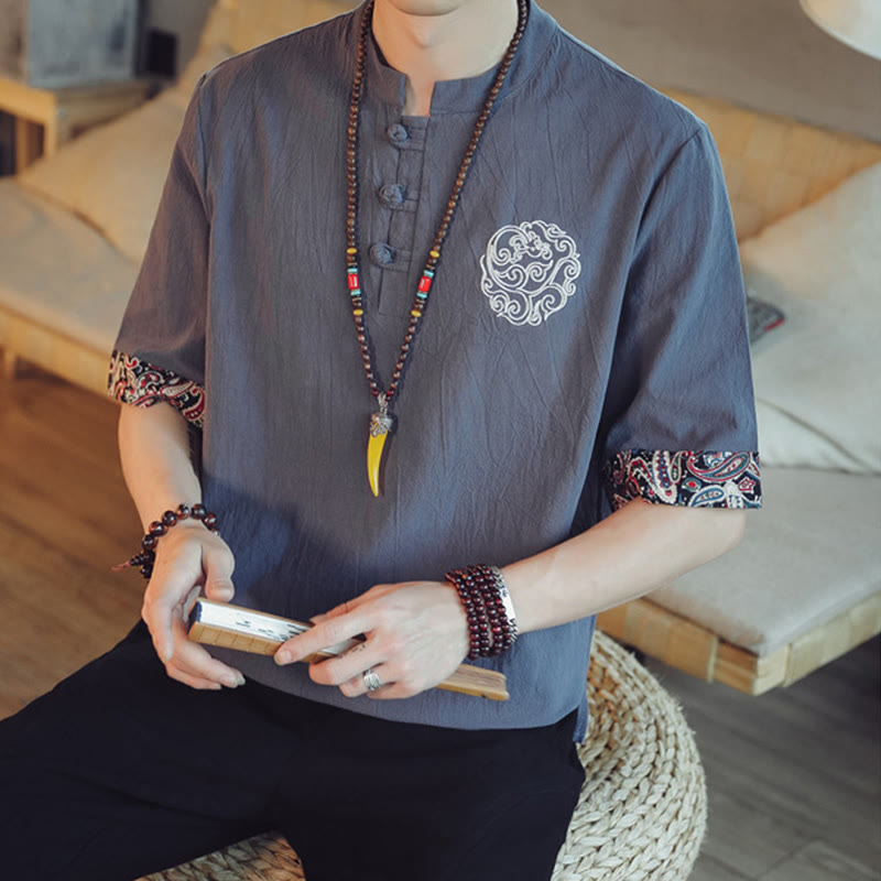 Chemise à manches courtes en lin pour homme, costume chinois Tang brodé avec boutons de grenouille et Buddha Stones - image 8