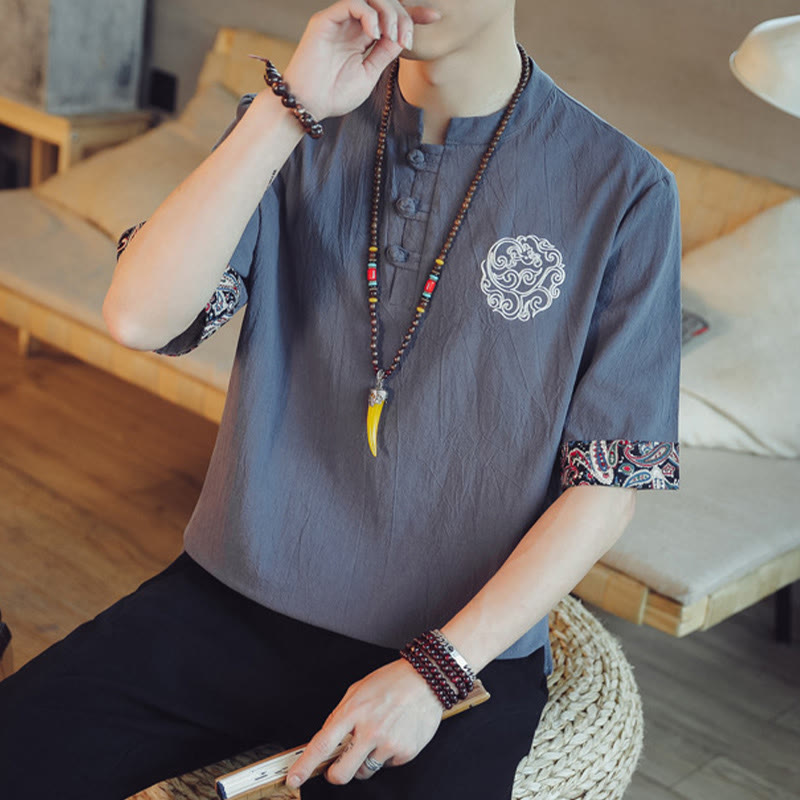 Chemise à manches courtes pour homme, style chinois Tang, ornée de Buddha Stones , de grenouilles et de broderies dragons et de boutons. - image 7