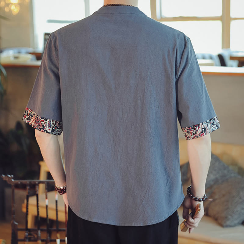 Chemise à manches courtes en lin pour homme, costume chinois Tang brodé avec boutons de grenouille et Buddha Stones - image 2