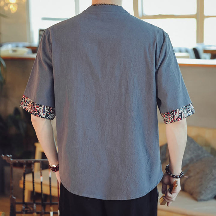 Chemise à manches courtes en lin pour homme, costume chinois Tang brodé avec boutons de grenouille et Buddha Stones - image 2