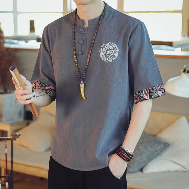 Chemise à manches courtes en lin pour homme, costume chinois Tang brodé avec boutons de grenouille et Buddha Stones - image 4