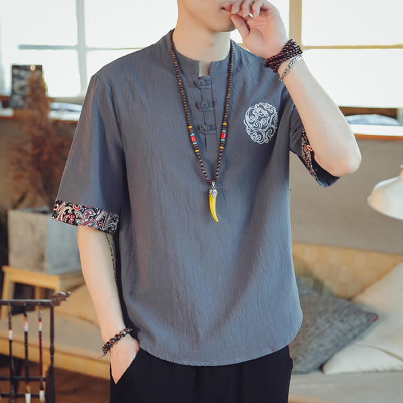 Chemise à manches courtes en lin pour homme, costume chinois Tang brodé avec boutons de grenouille et Buddha Stones - image 3
