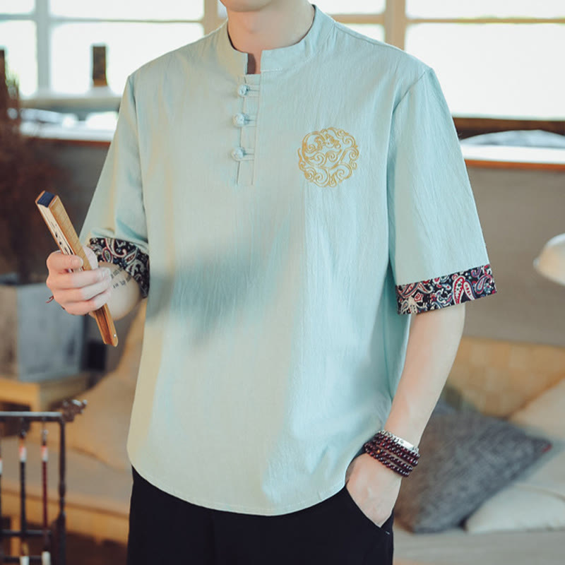 Chemise à manches courtes en lin pour homme, costume chinois Tang brodé avec boutons de grenouille et Buddha Stones - image 15