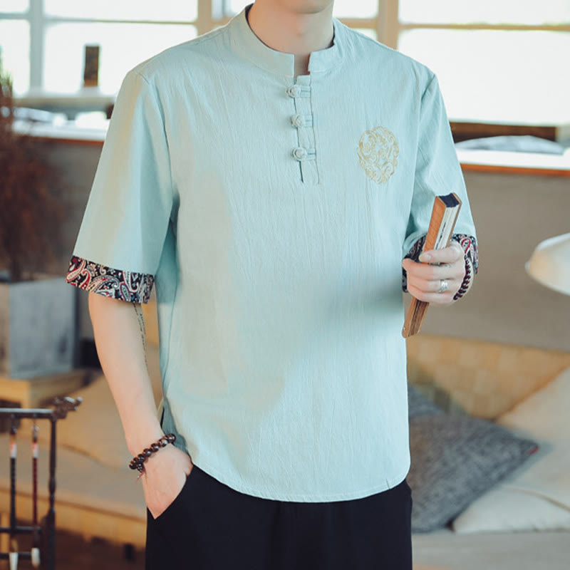 Chemise à manches courtes en lin pour homme, costume chinois Tang brodé avec boutons de grenouille et Buddha Stones - image 12