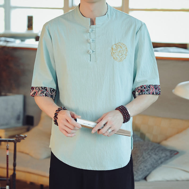 Chemise à manches courtes en lin pour homme, costume chinois Tang brodé avec boutons de grenouille et Buddha Stones - image 14