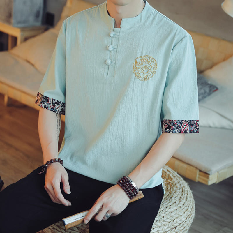 Chemise à manches courtes en lin pour homme, costume chinois Tang brodé avec boutons de grenouille et Buddha Stones - image 17
