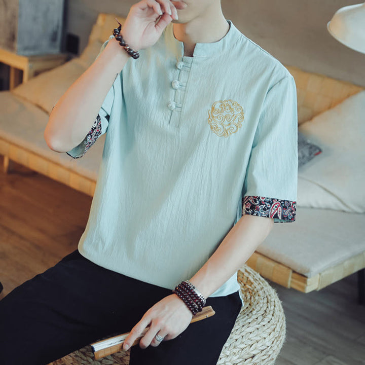 Chemise à manches courtes en lin pour homme, costume chinois Tang brodé avec boutons de grenouille et Buddha Stones - image 16
