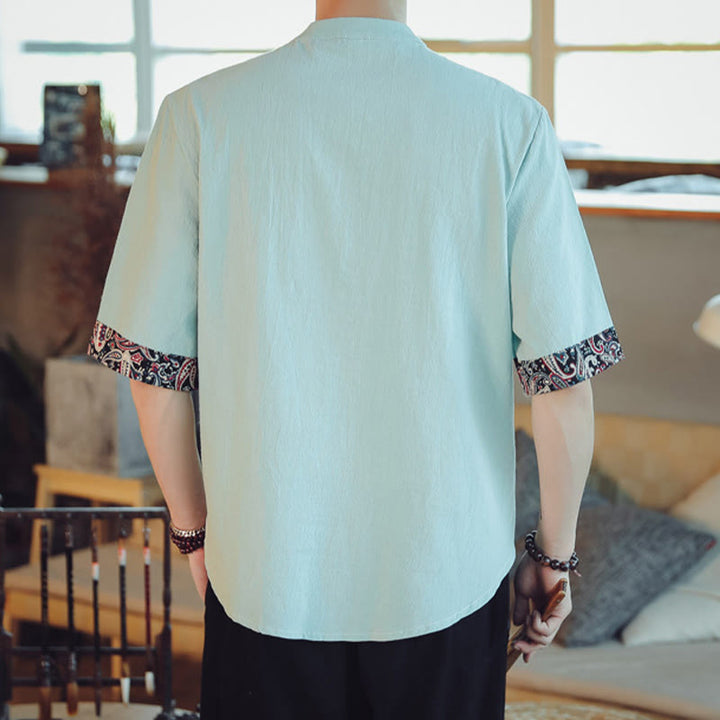 Chemise à manches courtes en lin pour homme, costume chinois Tang brodé avec boutons de grenouille et Buddha Stones - image 13