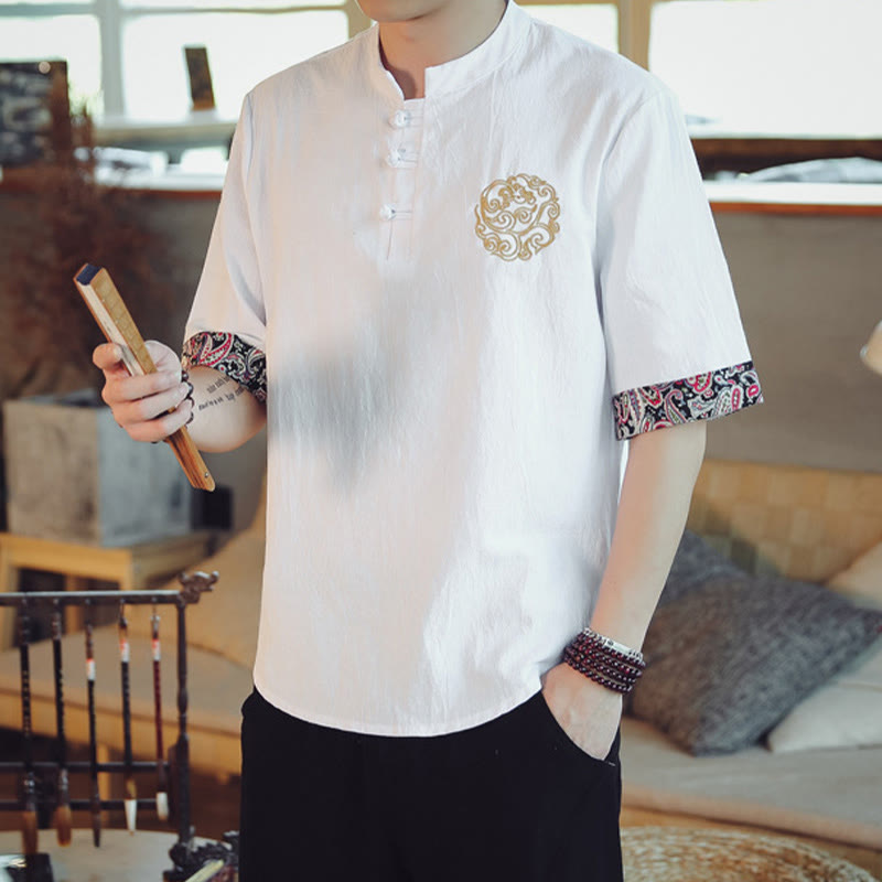 Chemise à manches courtes en lin pour homme, costume chinois Tang brodé avec boutons de grenouille et Buddha Stones - image 20
