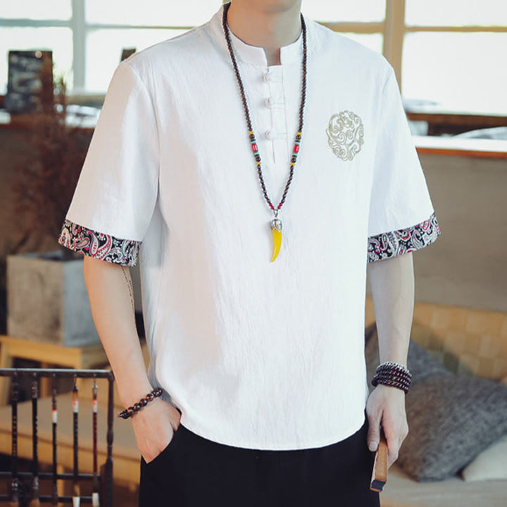 Chemise à manches courtes en lin pour homme, costume chinois Tang brodé avec boutons de grenouille et Buddha Stones - image 19