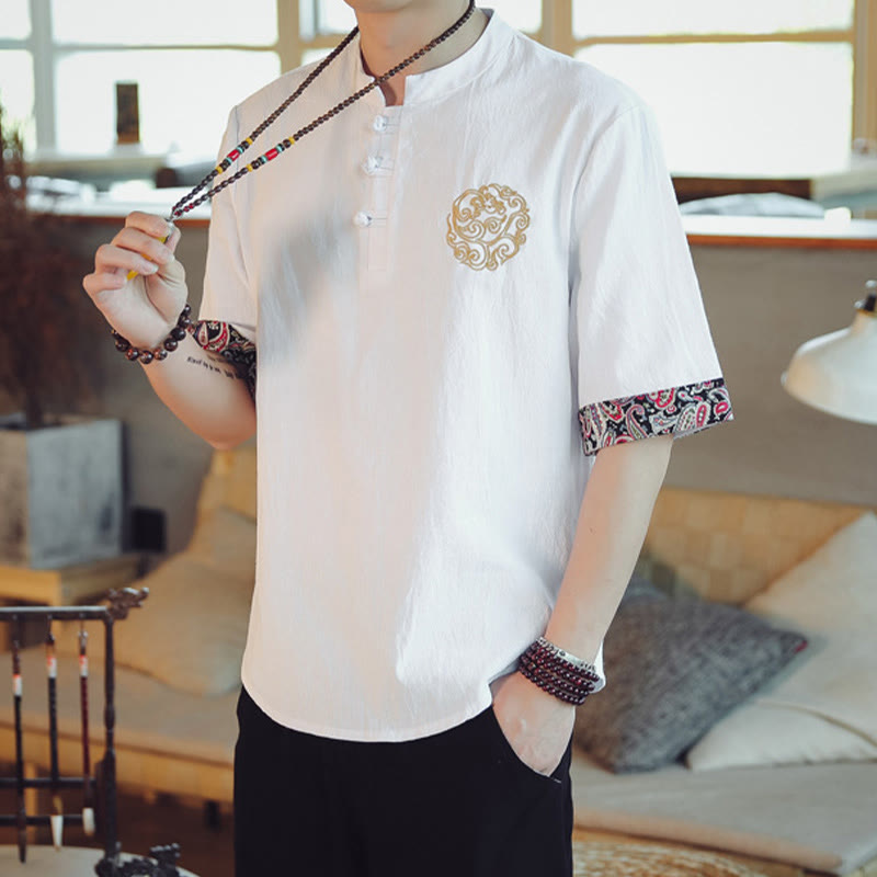 Chemise à manches courtes en lin pour homme, costume chinois Tang brodé avec boutons de grenouille et Buddha Stones - image 21