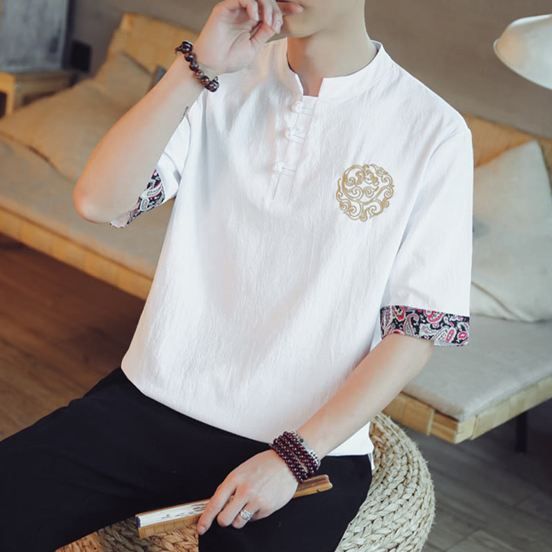 Chemise à manches courtes en lin pour homme, costume chinois Tang brodé avec boutons de grenouille et Buddha Stones - image 23
