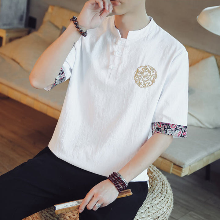 Chemise à manches courtes pour homme, style chinois Tang, ornée de Buddha Stones , de grenouilles et de broderies dragons et de boutons. - image 23