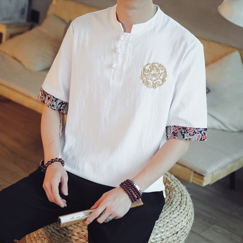 Chemise à manches courtes en lin pour homme, costume chinois Tang brodé avec boutons de grenouille et Buddha Stones - image 24