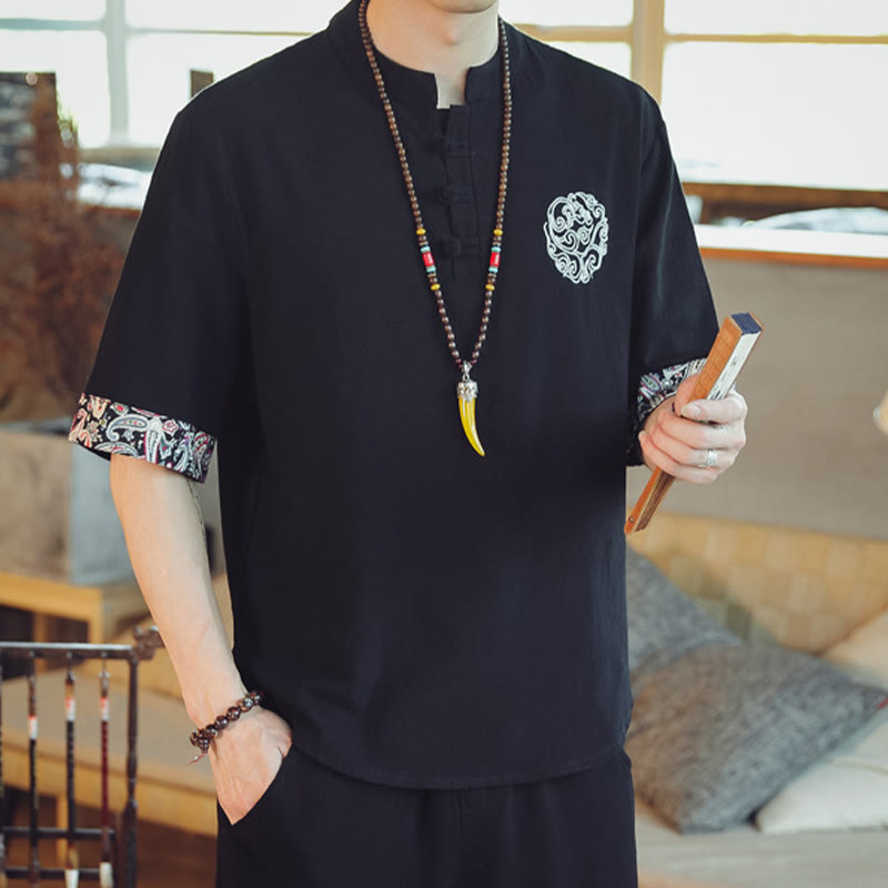 Chemise à manches courtes en lin pour homme, costume chinois Tang brodé avec boutons de grenouille et Buddha Stones - image 26