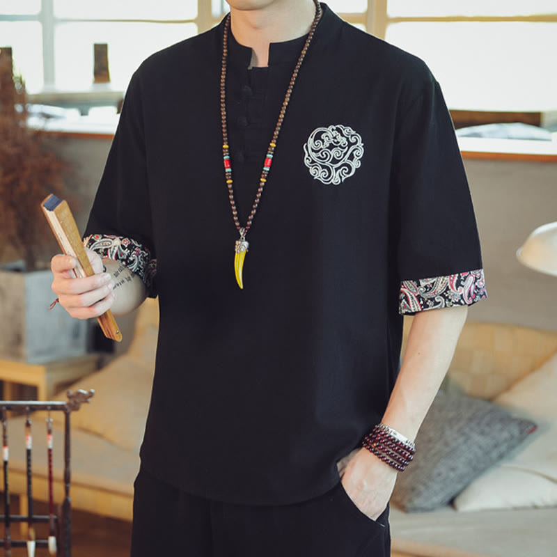 Chemise à manches courtes en lin pour homme, costume chinois Tang brodé avec boutons de grenouille et Buddha Stones - image 29