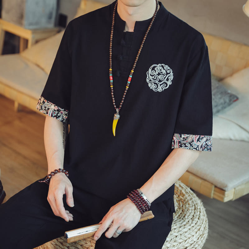 Chemise à manches courtes en lin pour homme, costume chinois Tang brodé avec boutons de grenouille et Buddha Stones - image 31