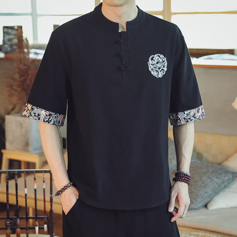 Chemise à manches courtes en lin pour homme, costume chinois Tang brodé avec boutons de grenouille et Buddha Stones - image 28