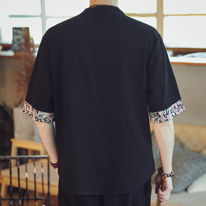 Chemise à manches courtes en lin pour homme, costume chinois Tang brodé avec boutons de grenouille et Buddha Stones - image 27