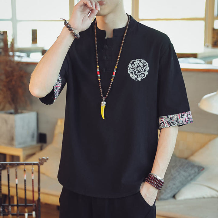 Chemise à manches courtes en lin pour homme, costume chinois Tang brodé avec boutons de grenouille et Buddha Stones - image 30