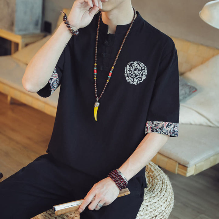 Chemise à manches courtes en lin pour homme, costume chinois Tang brodé avec boutons de grenouille et Buddha Stones - image 32