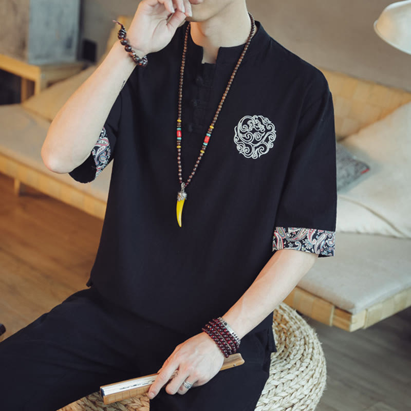 Chemise à manches courtes en lin pour homme, costume chinois Tang brodé avec boutons de grenouille et Buddha Stones - image 32