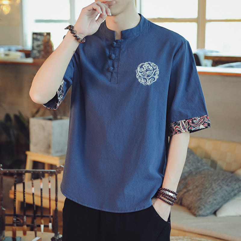 Chemise à manches courtes en lin pour homme, costume chinois Tang brodé avec boutons de grenouille et Buddha Stones - image 36