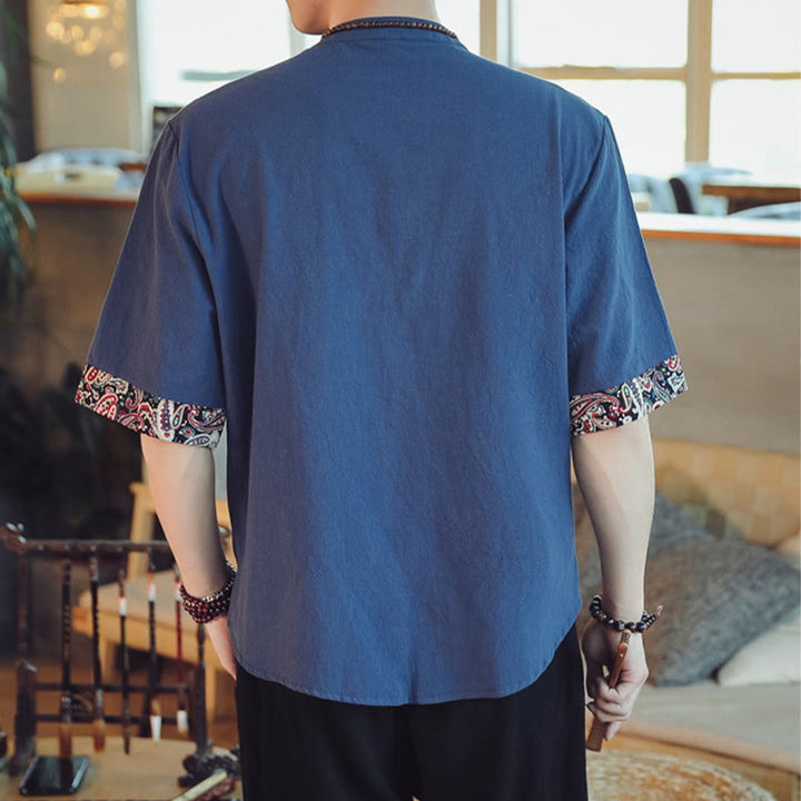 Chemise à manches courtes en lin pour homme, costume chinois Tang brodé avec boutons de grenouille et Buddha Stones - image 35