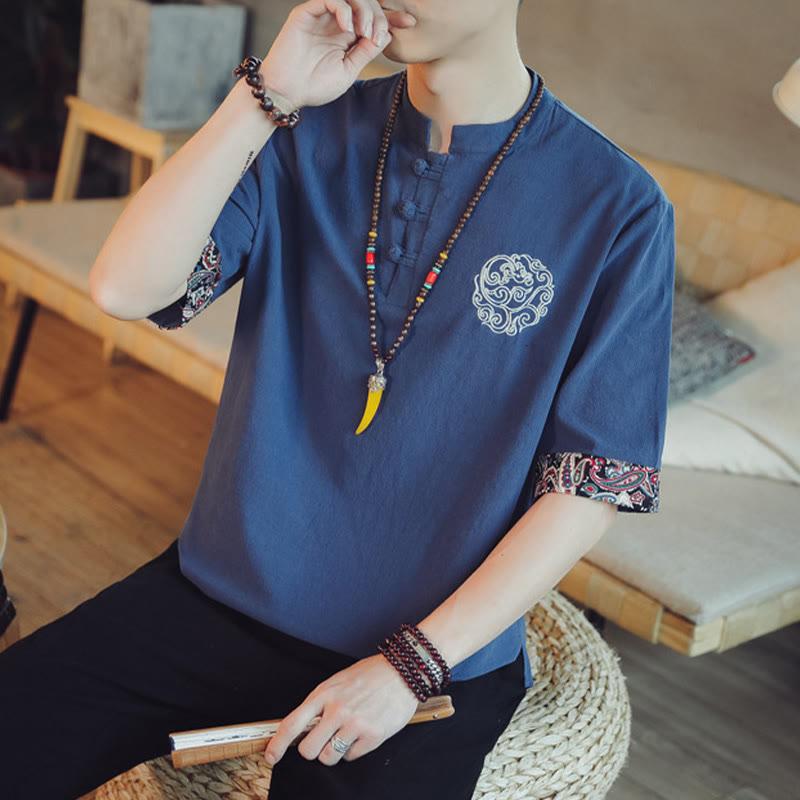 Chemise à manches courtes pour homme, style chinois Tang, ornée de Buddha Stones , de grenouilles et de broderies dragons et de boutons. - image 40