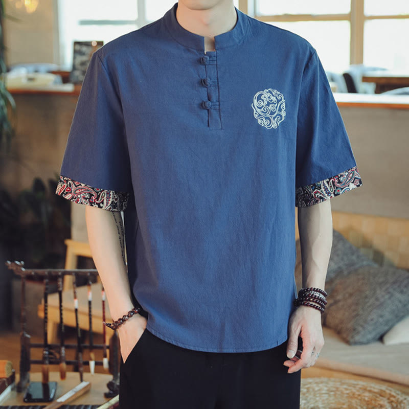 Chemise à manches courtes en lin pour homme, costume chinois Tang brodé avec boutons de grenouille et Buddha Stones - image 34