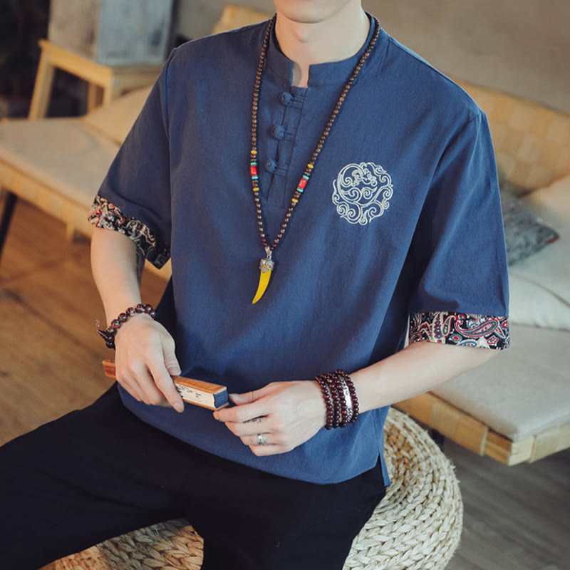 Chemise à manches courtes en lin pour homme, costume chinois Tang brodé avec boutons de grenouille et Buddha Stones - image 39