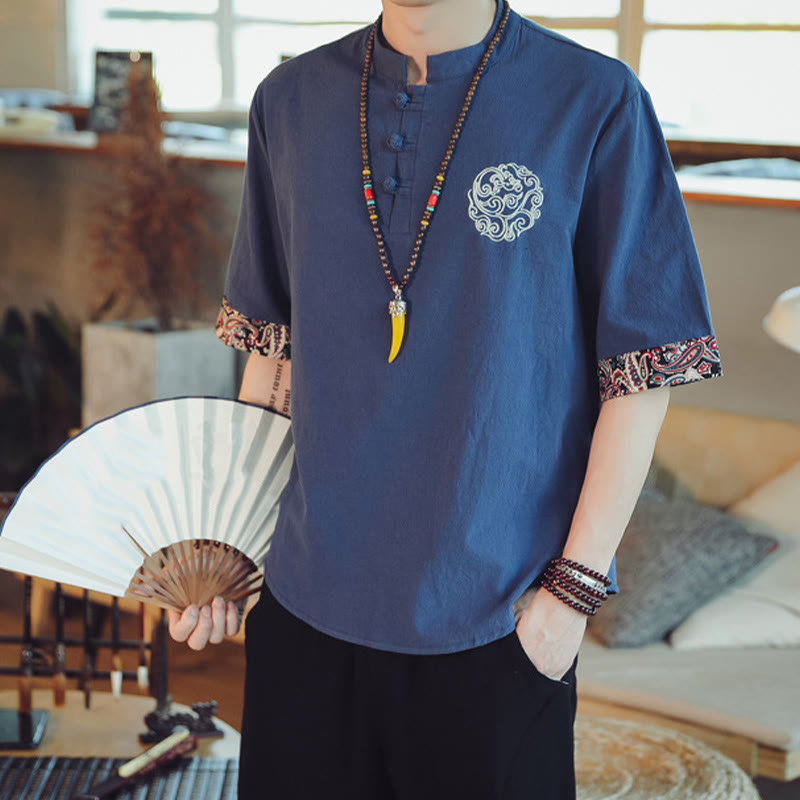 Chemise à manches courtes en lin pour homme, costume chinois Tang brodé avec boutons de grenouille et Buddha Stones - image 38